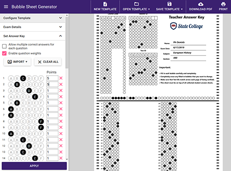 Bubble Grader online tool with weighted tests